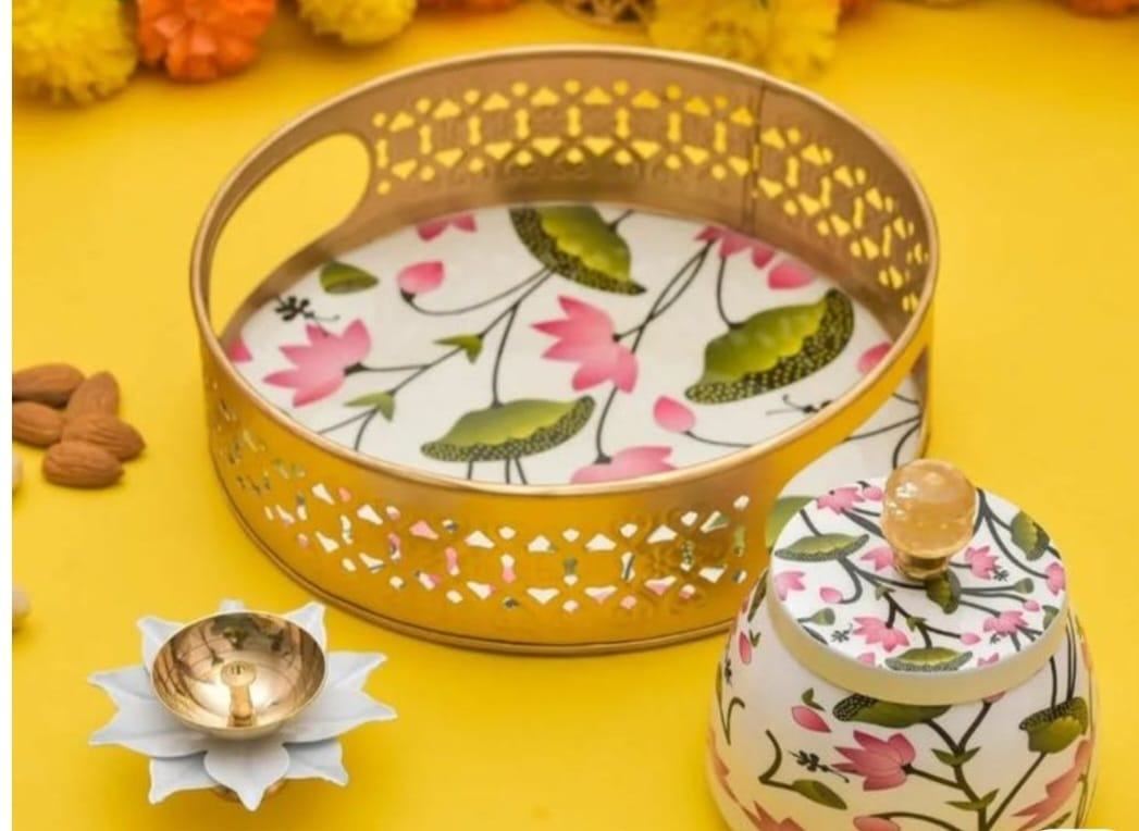 Pichwai Printed Tray, 2 Jars